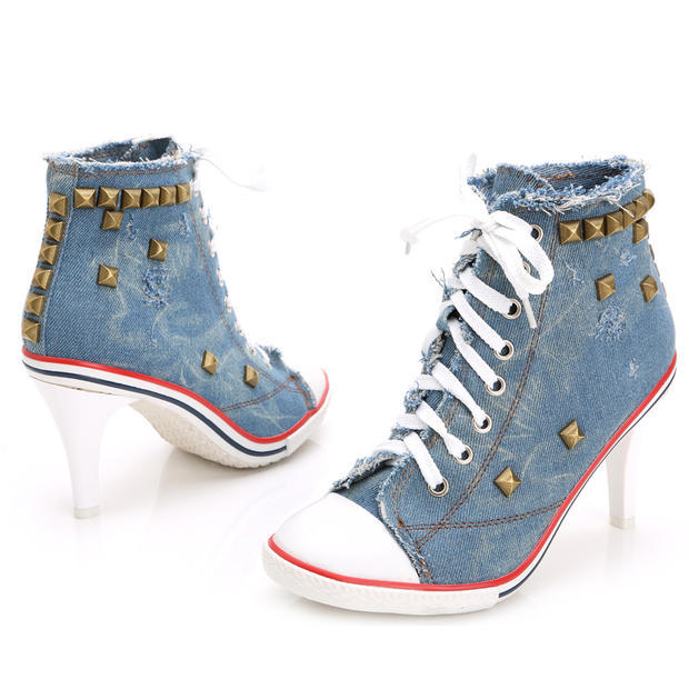 Round Toe Women's Shoes Denim High Heels
