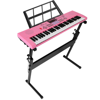 Pink keyboard with stand on a white background