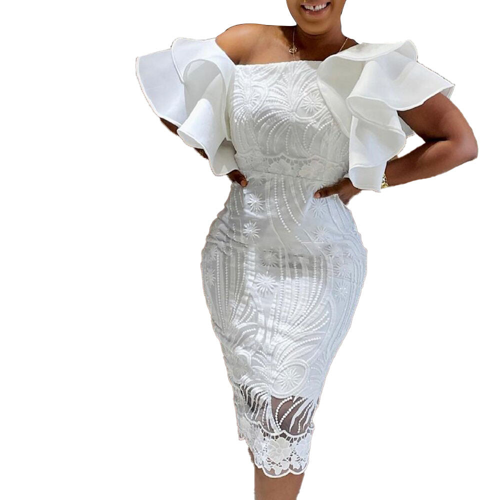 Ladies Slit Solid Color One Neck White Dress