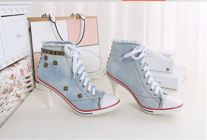 Round Toe Women's Shoes Denim High Heels