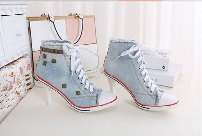 Round Toe Women's Shoes Denim High Heels