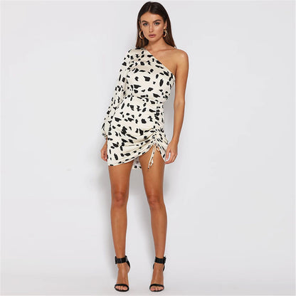 Women's Clothing Socialite Cows Pattern Skirt Slim-fit Oblique Shoulder Dress