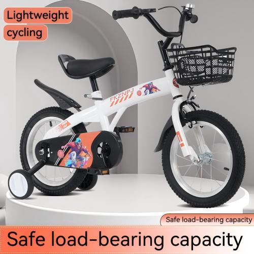 Children's bicycle with training wheels on a white platform, featuring text about lightweight cycling and safe load-bearing capacity.
