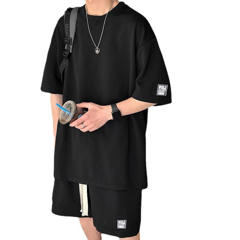 Waffle Short Sleeve Suit Men's Sports Casual Top Pants