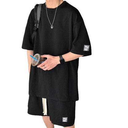 Waffle Short Sleeve Suit Men's Sports Casual Top Pants