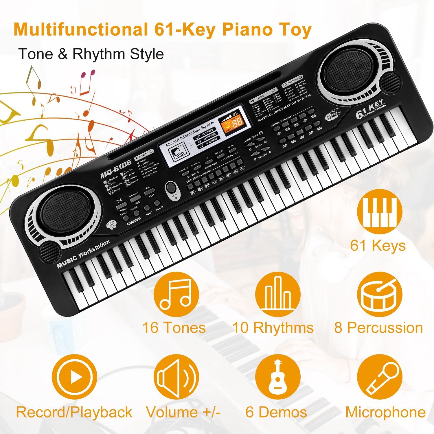 Multifunctional 61-key piano toy with key features highlighted on a white background