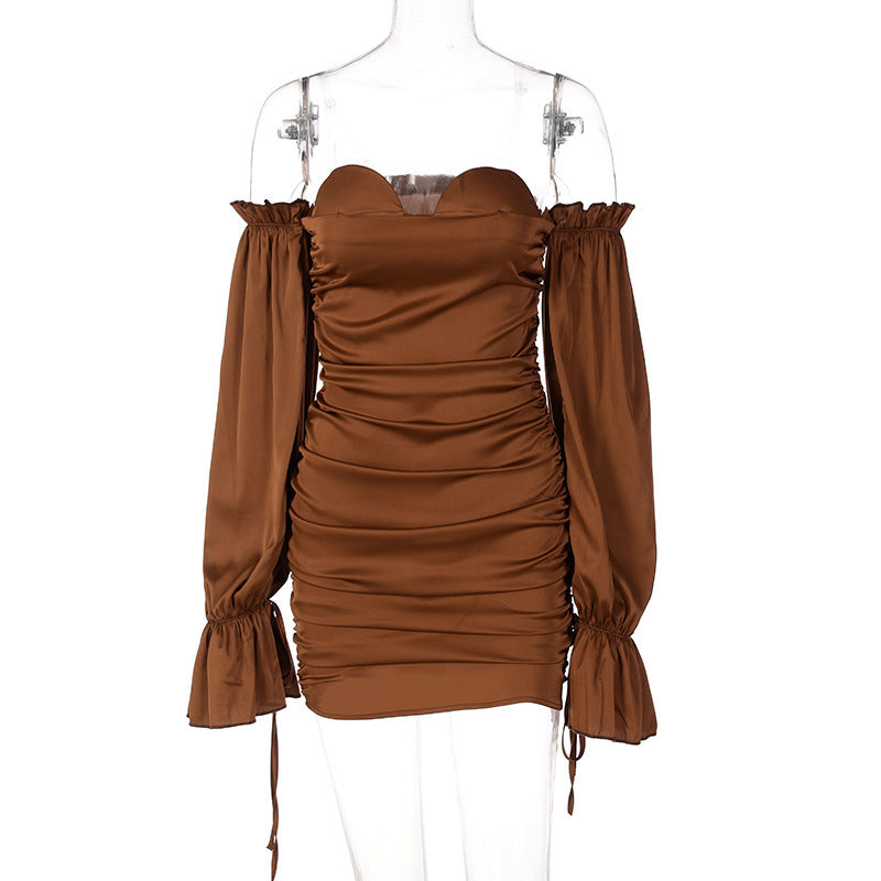 Solid Color  Off-the-shoulder Lantern Sleeve Tube Top Pleated Hip Dress