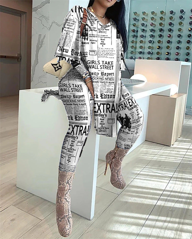 Women's Newspaper Print Long-sleeved Trousers Two-piece Suit