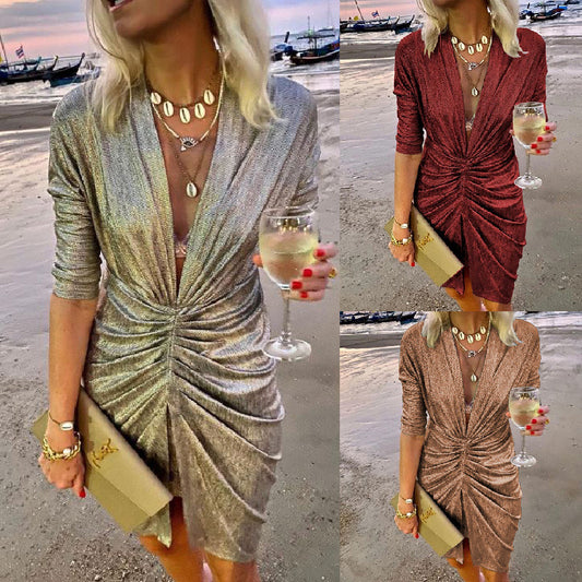 Stretch Long Sleeve V-neck Nightclub Dress Women's Clothing