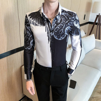 Fall Men's Personality Digital Print Shirt Slim Floral Shirt