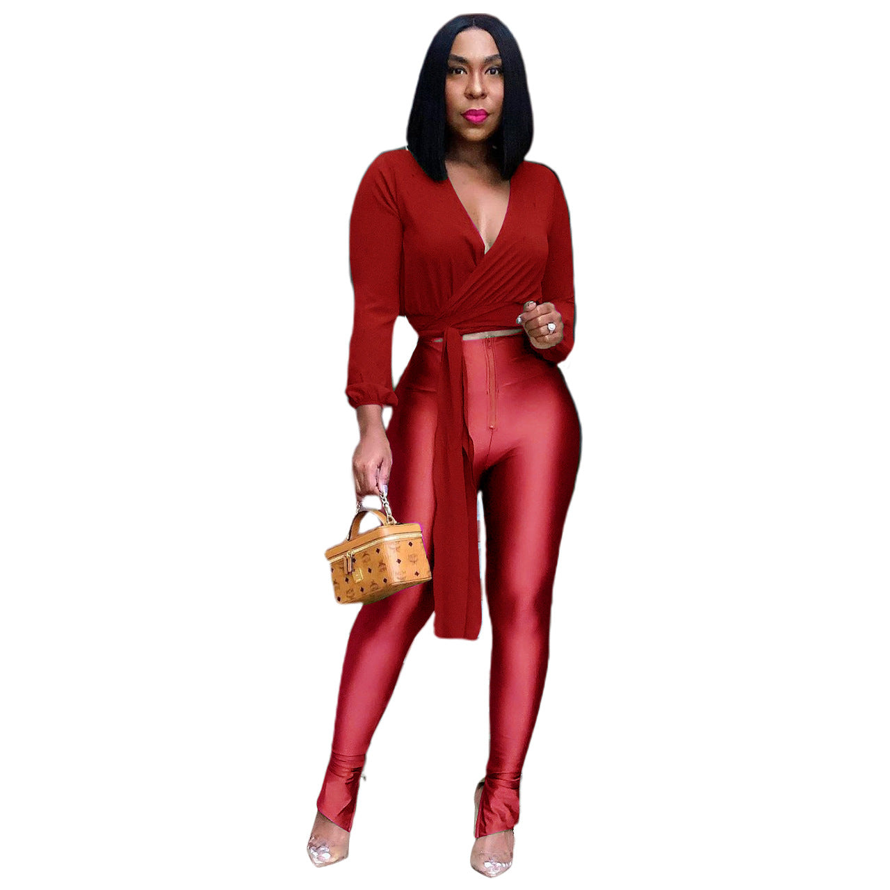 Women's Chiffon Top And Metal Pants Two Piece Set