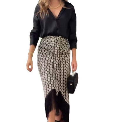 Solid Color Temperament Shirt Top High Waist Skirt Two-piece Set For Women