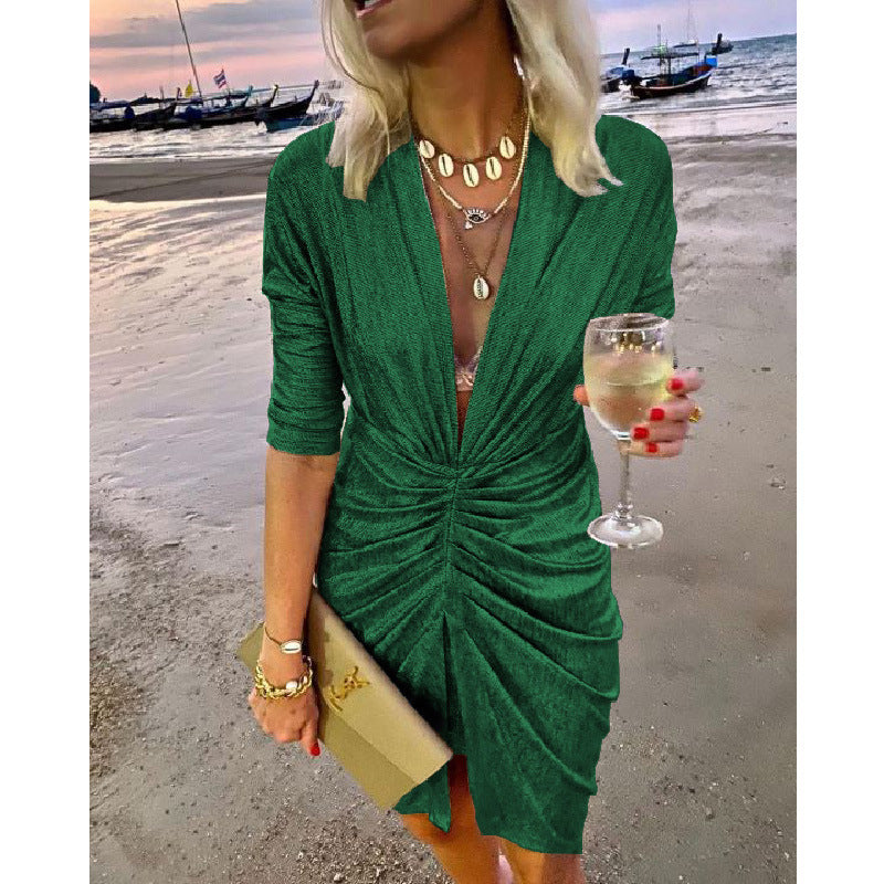 Stretch Long Sleeve V-neck Nightclub Dress Women's Clothing