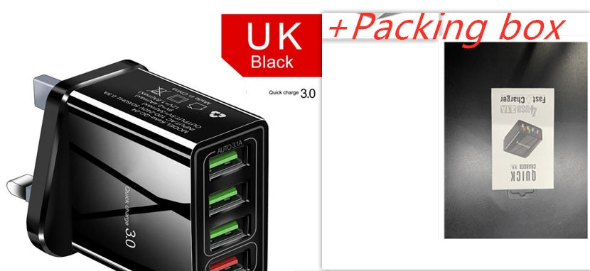 Black charging adapter with multiple ports and a 'UK Black' label on a white background.