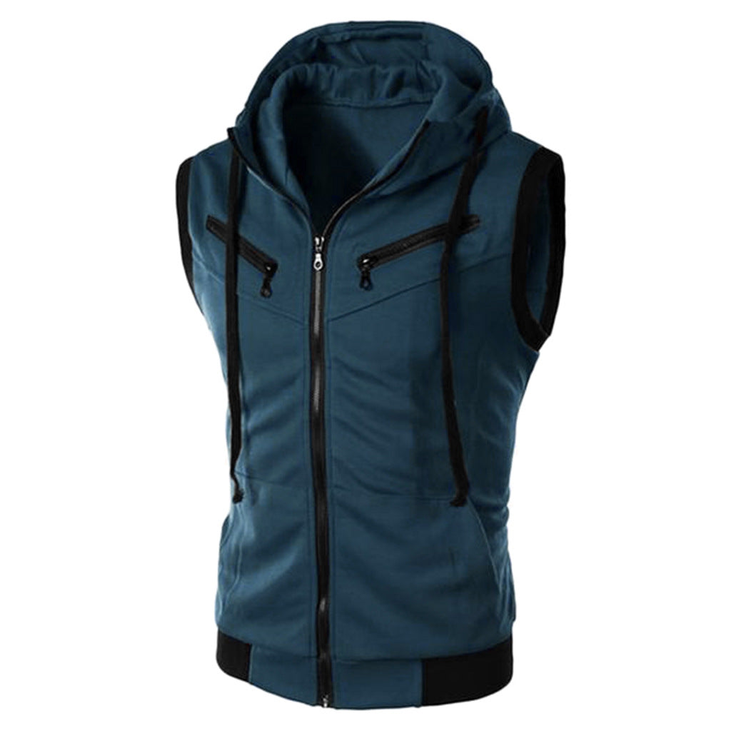 Summer New Men Hooded Sleeveless Vest Solid Color
