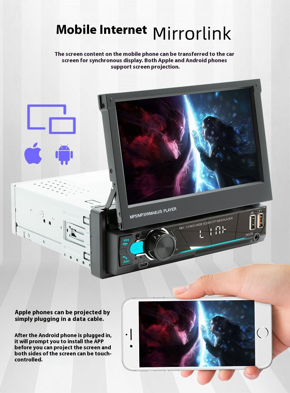Car multimedia player with screen displaying a movie, connected to a smartphone via Mirrorlink.