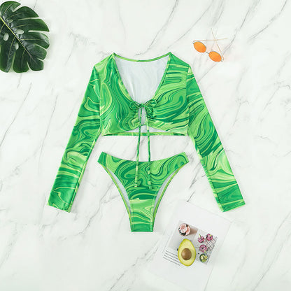 Tie-dyed Long-sleeved Sunscreen Split Swimsuit For Women