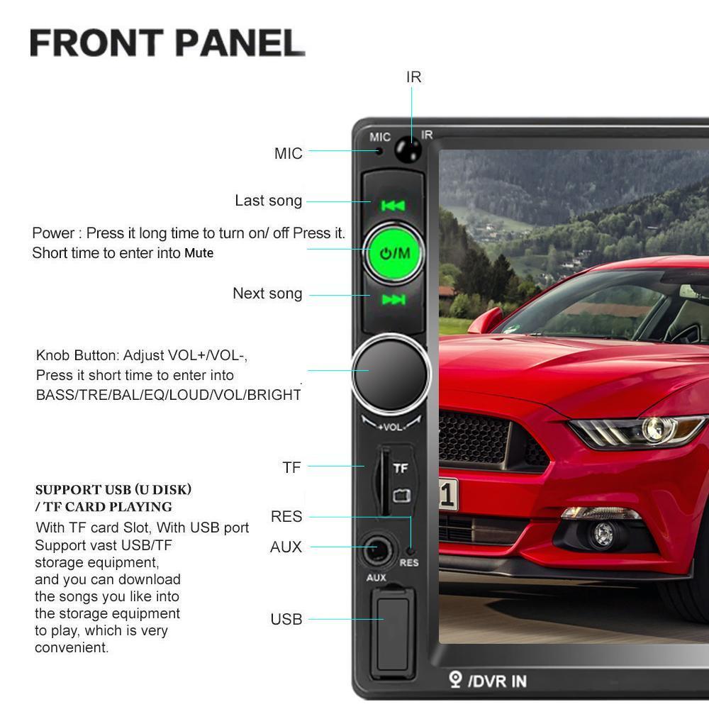 Car stereo front panel with buttons and display, featuring a red car in the background.