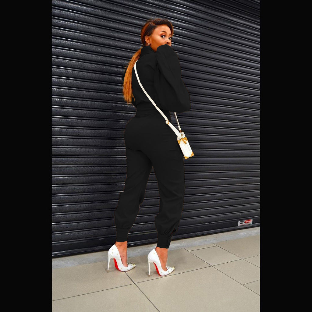 Solid Color Puff Sleeve Zip High Waist Pants Two Piece Set