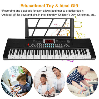 Electronic keyboard with music stand and educational text about its features and uses.