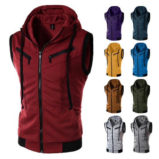 Summer New Men Hooded Sleeveless Vest Solid Color