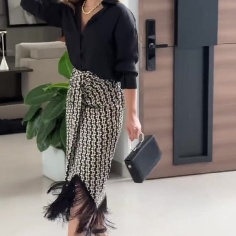 Solid Color Temperament Shirt Top High Waist Skirt Two-piece Set For Women