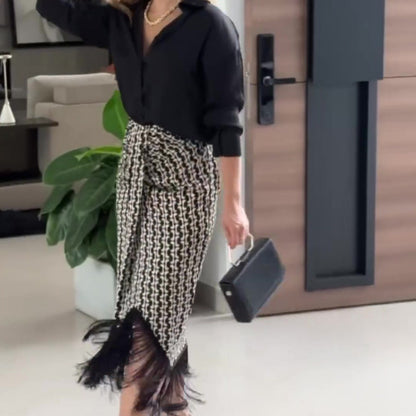 Solid Color Temperament Shirt Top High Waist Skirt Two-piece Set For Women