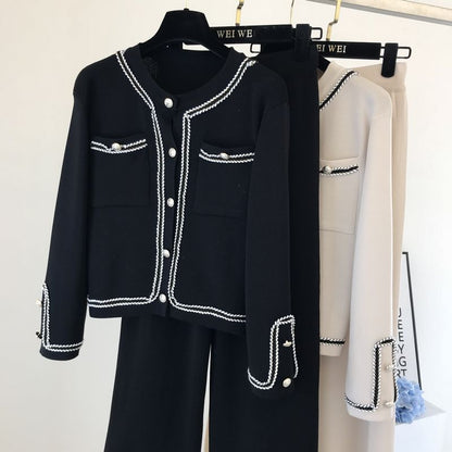 Two Piece Round Neck Knitted Cardigan Top And Wide-leg Pants