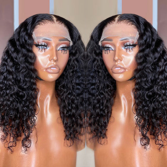 A mannequin head showcasing a lace frontal wig with a deep water wave and transparent curly hairstyle.