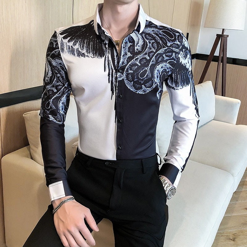 Fall Men's Personality Digital Print Shirt Slim Floral Shirt