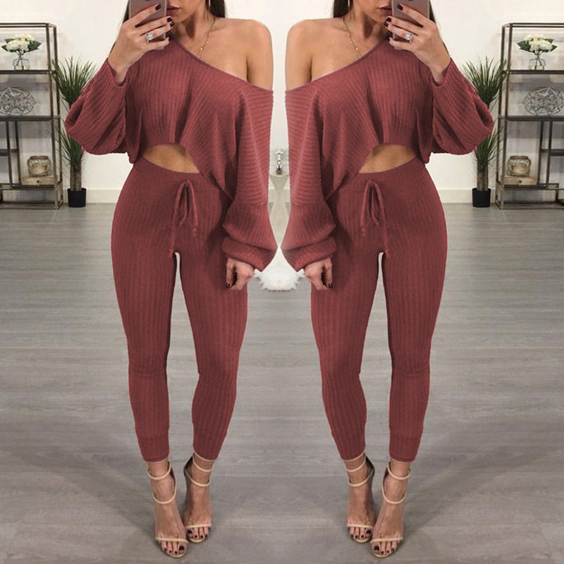 Solid Color One-Neck Long-Sleeved Casual Hang Strip Suit