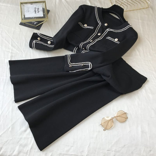 Two Piece Round Neck Knitted Cardigan Top And Wide-leg Pants