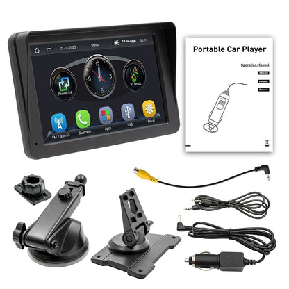 Portable car player with mounting accessories and operation manual on a white background