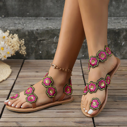 Etniese Styl Blomme Plat Sandale Somer Vakansie Toevallige Clip Toe Strandskoene Vir Vroue