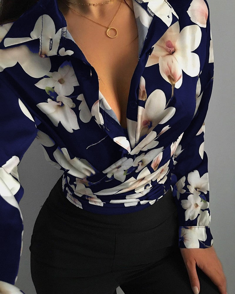 Loose Long Sleeve V Neck Print Ladies Shirt Shirt Women