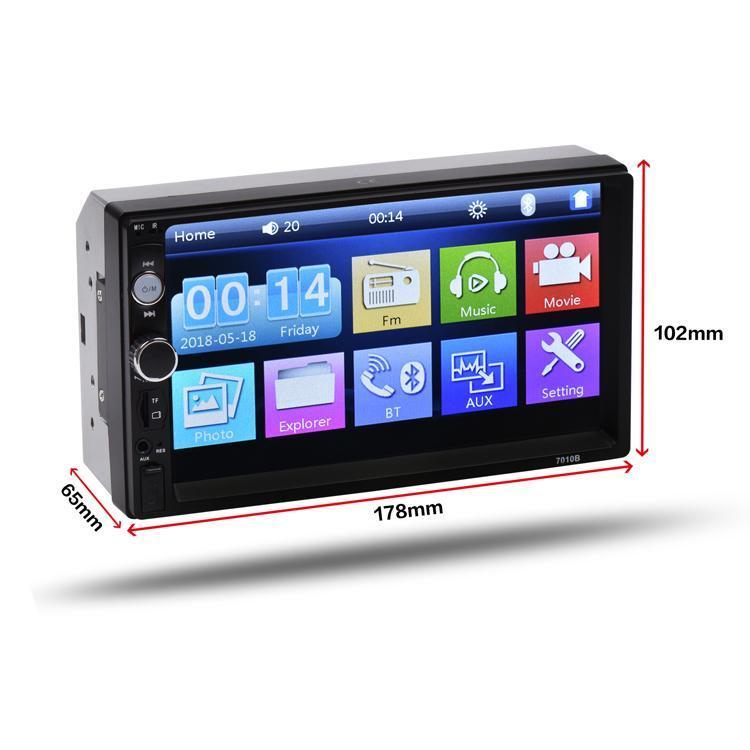 Car multimedia player with touchscreen display and control buttons, showing dimensions on a white background.