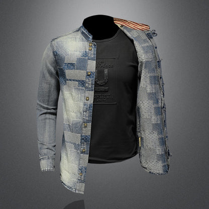 Retro Color Personality Patch Denim Shirt Punk Shirt Men