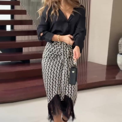 Solid Color Temperament Shirt Top High Waist Skirt Two-piece Set For Women