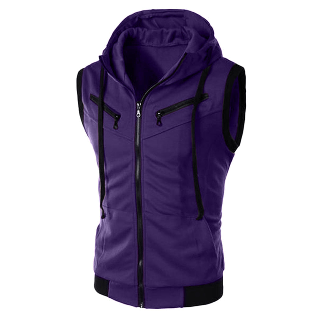 Summer New Men Hooded Sleeveless Vest Solid Color