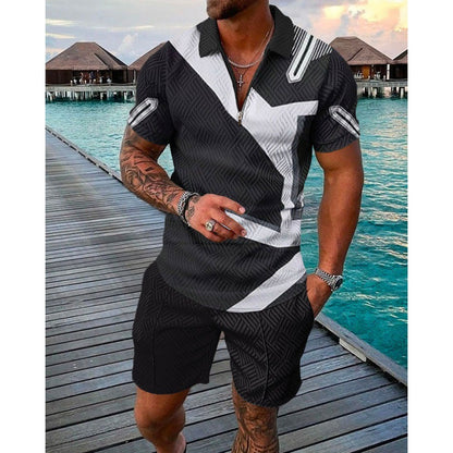 Men's Casual Striped Zip Short Sleeve Suit