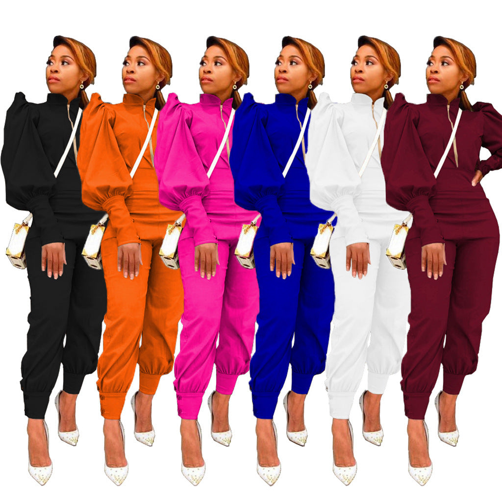 Solid Color Puff Sleeve Zip High Waist Pants Two Piece Set