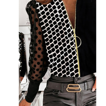 V Neck Stitching Long Sleeved T Shirt Top Chiffon Shirt