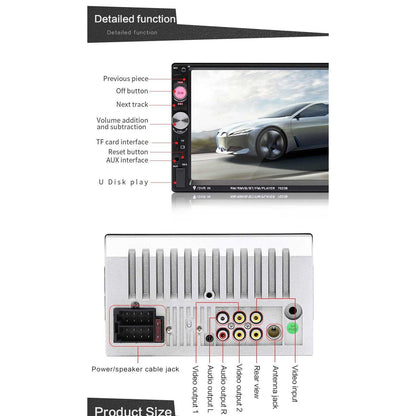 Car multimedia player with detailed function diagram on a white background
