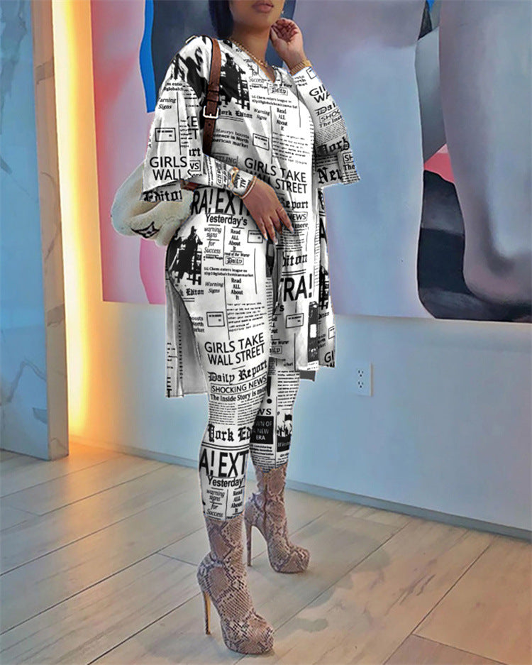 Women's Newspaper Print Long-sleeved Trousers Two-piece Suit