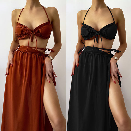 New Solid Color Bikini Chiffon Cover Skirt Strap Swimsuit Set