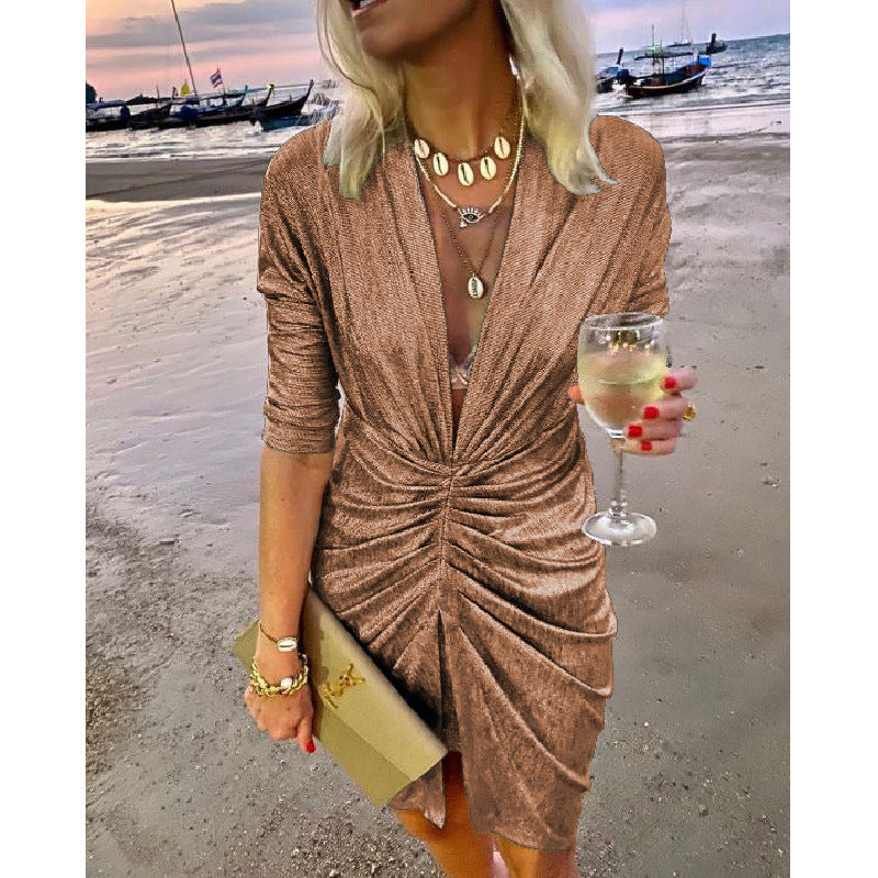Stretch Long Sleeve V-neck Nightclub Dress Women's Clothing