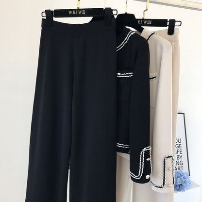 Two Piece Round Neck Knitted Cardigan Top And Wide-leg Pants