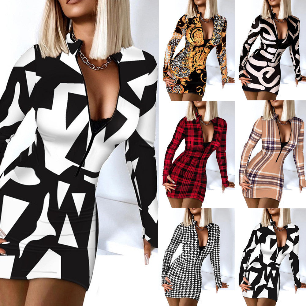 Long Sleeved V Neck Zipper Bag Hip Tight Dress Women's Clothing