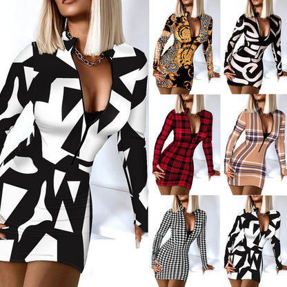 Long Sleeved V Neck Zipper Bag Hip Tight Dress Women's Clothing