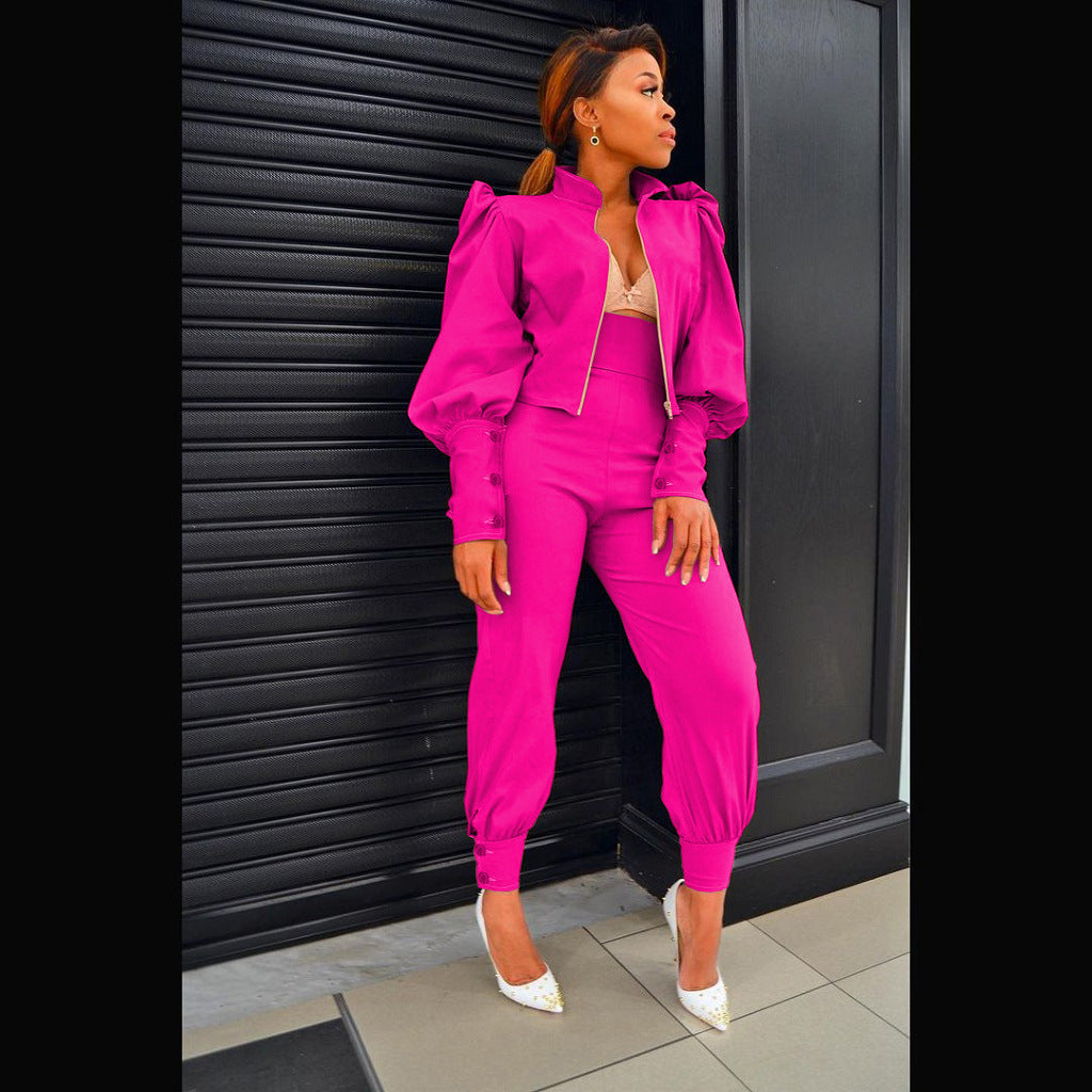 Solid Color Puff Sleeve Zip High Waist Pants Two Piece Set